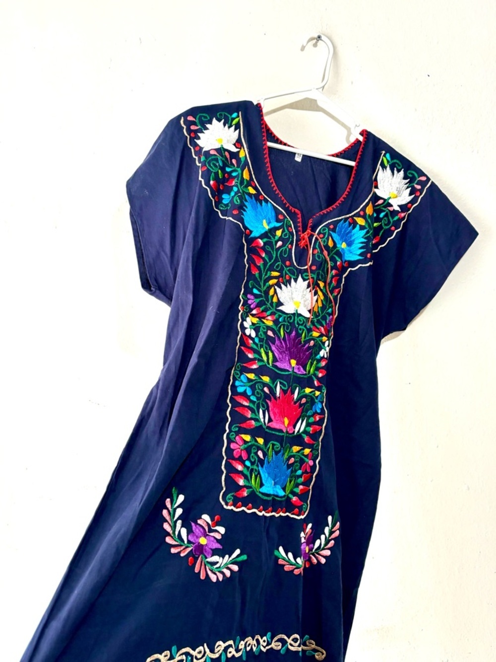 VTG Mexican Embroidered Dark Blue w/Adjust Ties Midi Dress M/L - Picture 3 of 6